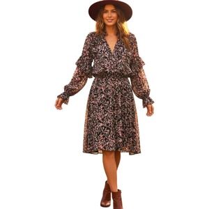 LUCY PARIS Imelda Dark Floral Print Dress Medium Black Long Sleeve NWT $108